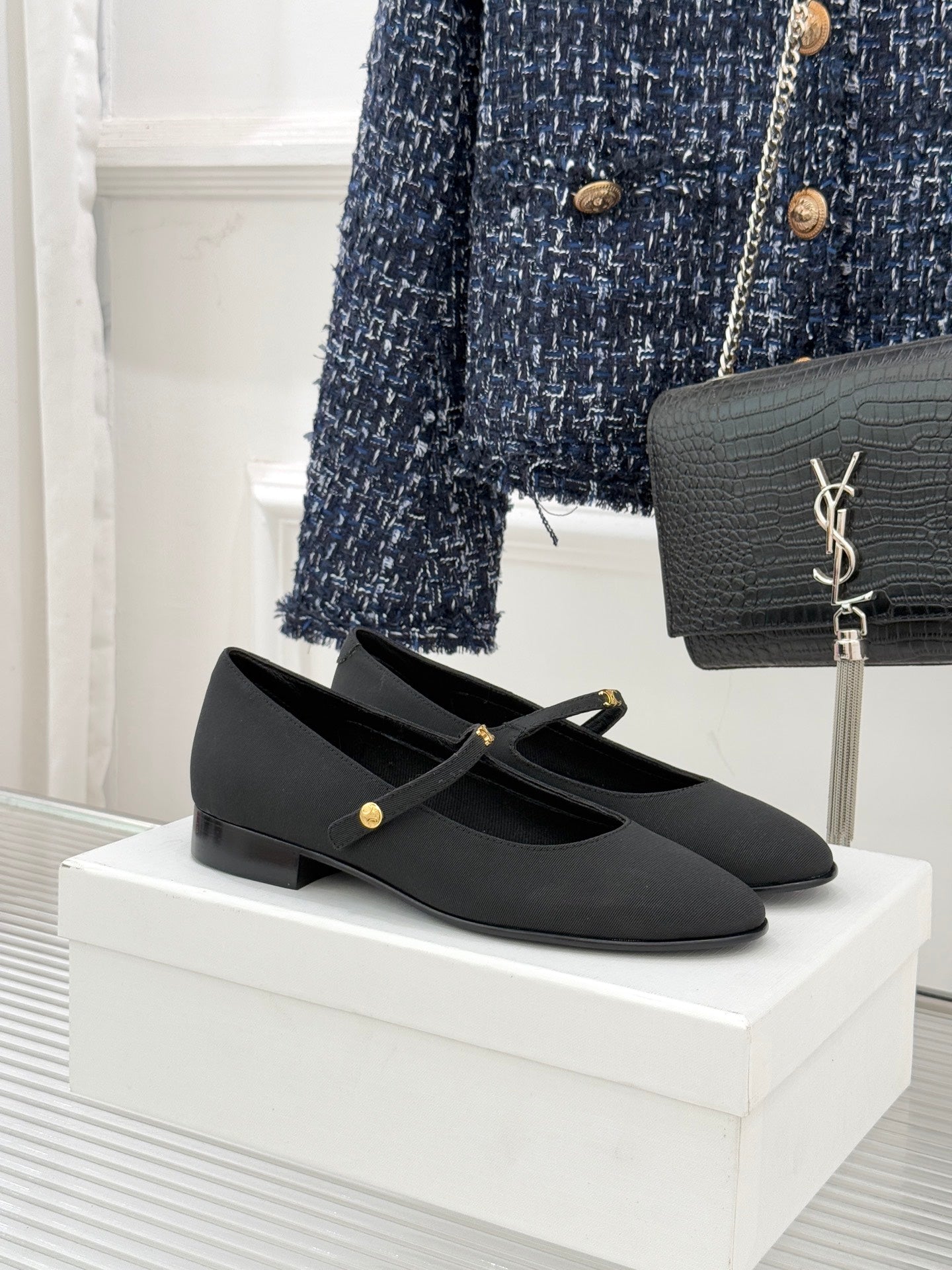 CELINE 26S MARY JANE SHOES IN BLACK FABRIC