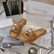 CHLOÉ WOVEN SLIDE MULE IN RUSSET BROWN WOOL AND LAMBSKIN GOLD HARDWARE
