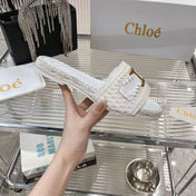 WOVEN SLIPPER IN WHITE WOOL AND LAMBSKIN GOLD HARDWARE