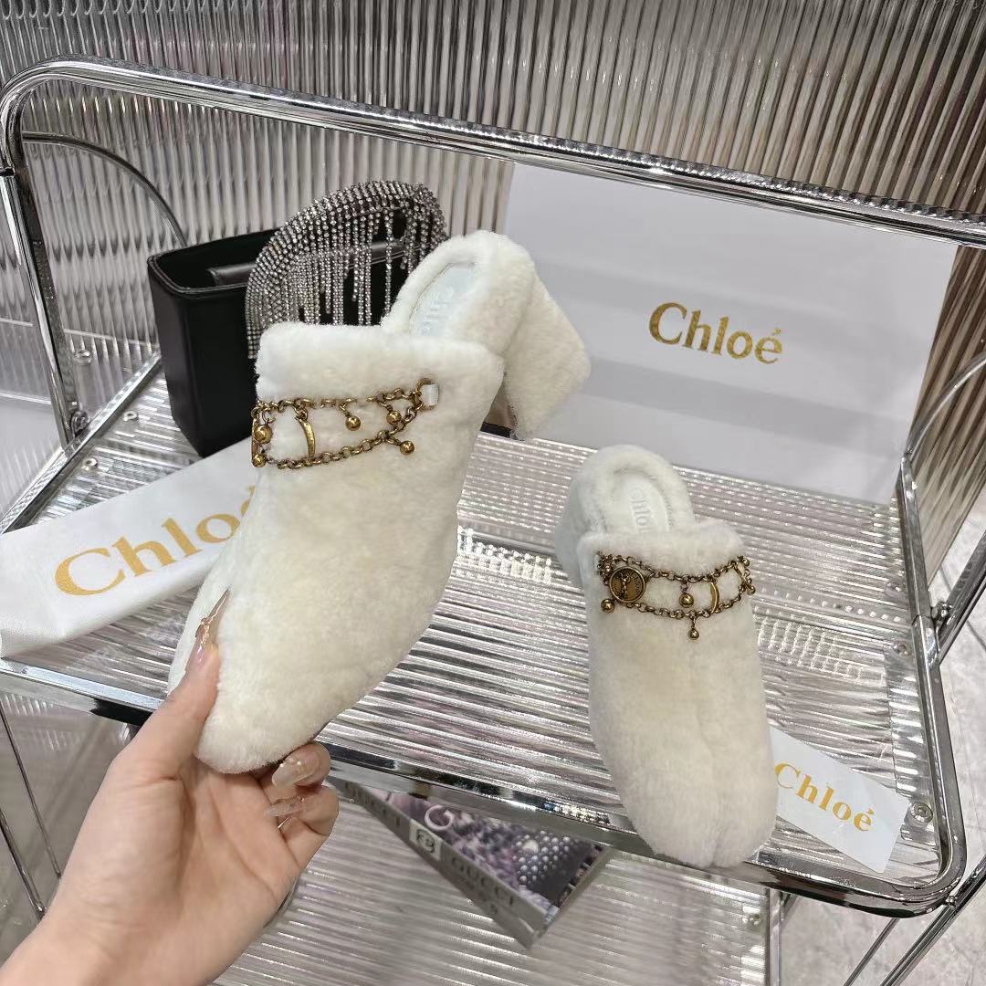 CHLOÉ 26S HIGH-HEELED MULES IN CREAM WHITE WOOL