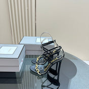 HIGH-HEELED 10 CM SANDAL IN BLACK LAMBSKIN WITH GOLD HARDWARE