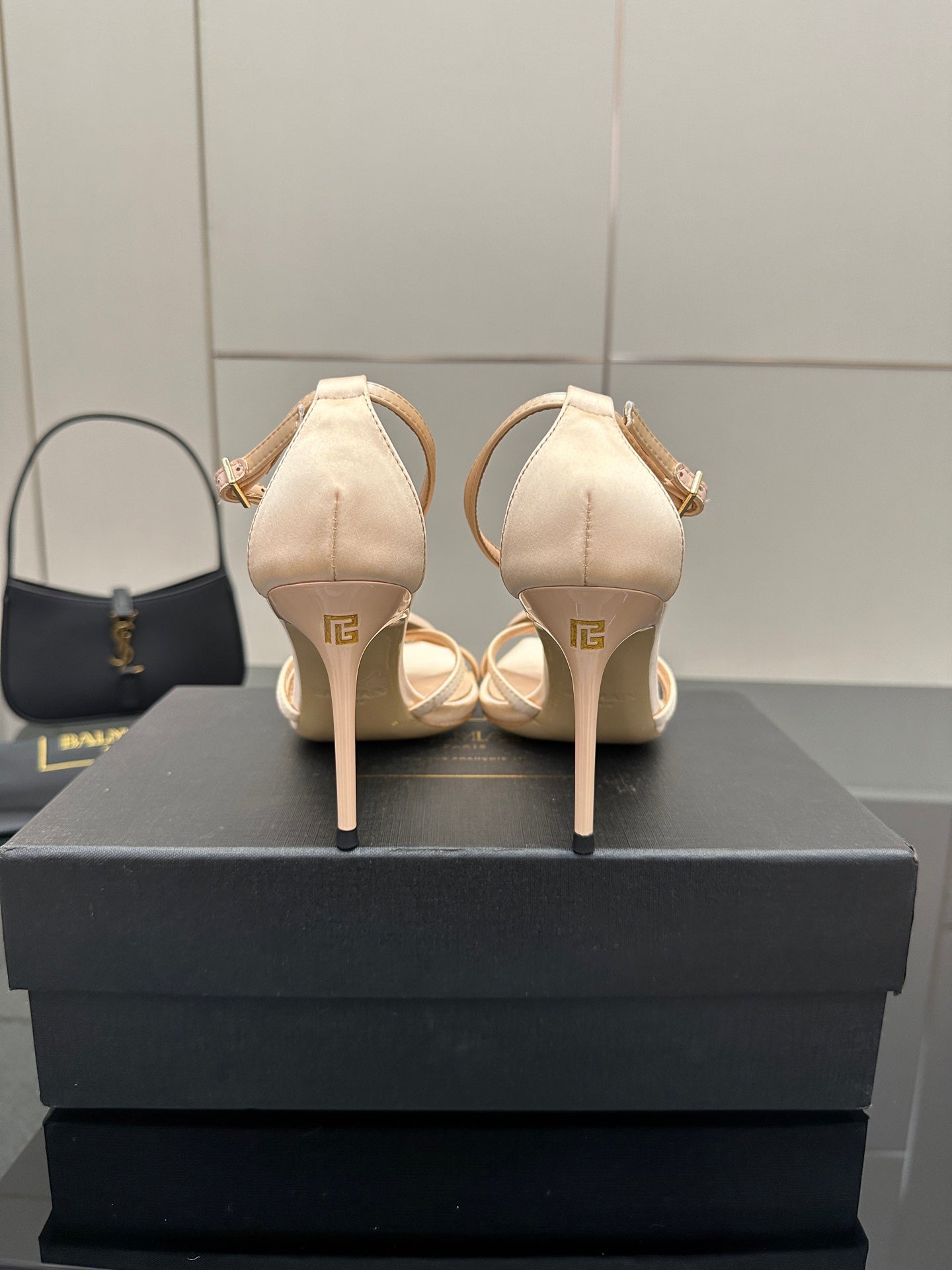 BALMAIN 25S LIPS SANDALS 10 IN BLUSH BEIGE SATIN