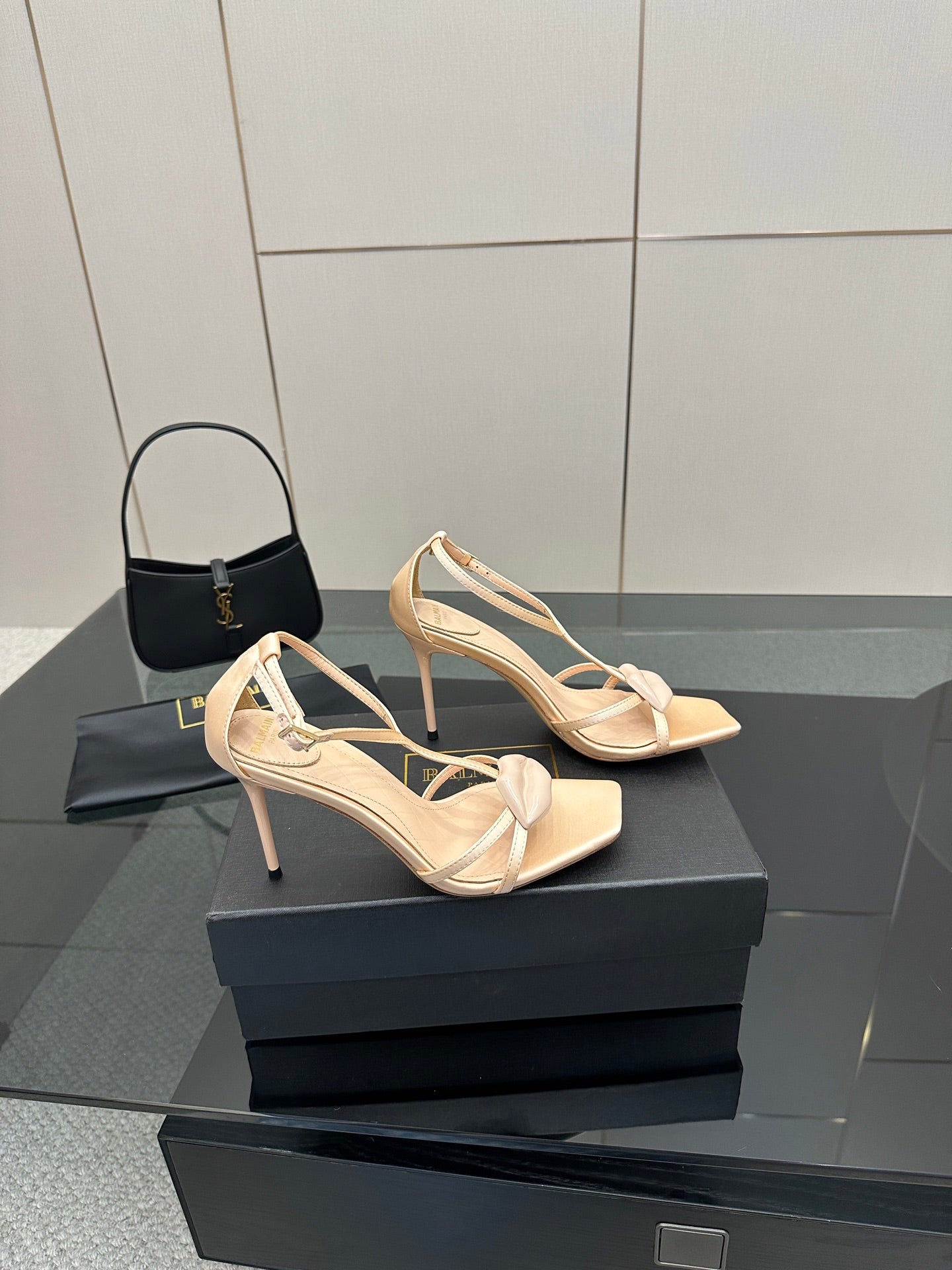 BALMAIN 25S LIPS SANDALS 10 IN BLUSH BEIGE SATIN