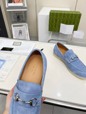 LOAFERS WITH SILVER HARDWARE IN CORNFLOWER BLUE SUEDE