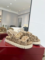VELCRO STRAP SANDALS IN BEIGE AND DARK BROWN MONOGRAM CANVAS GOLD HARDWARE