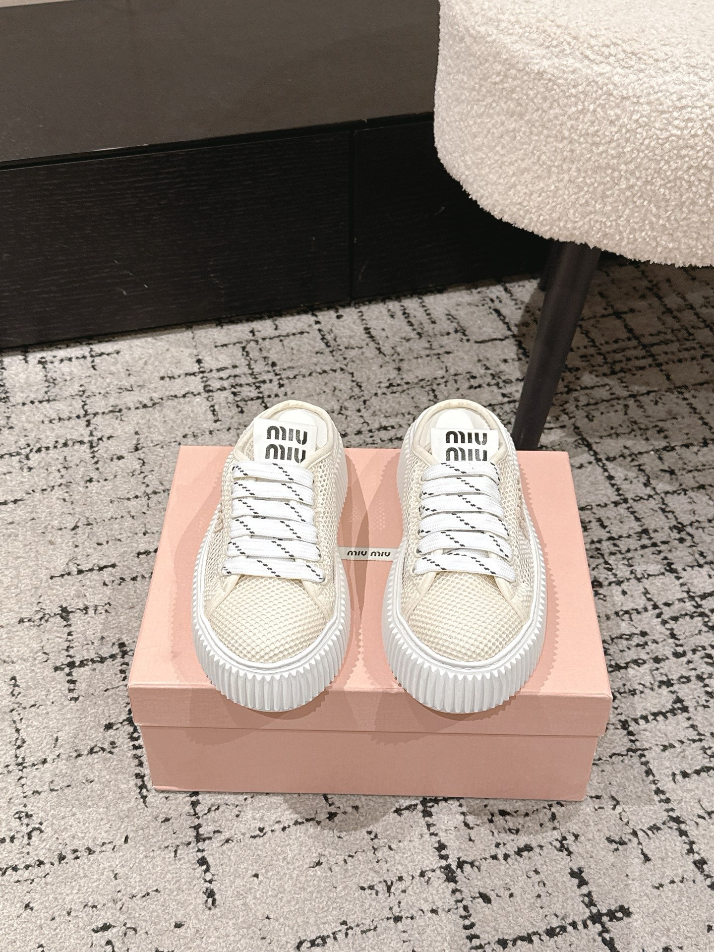 MIUMIU 26S SNEAKER MULES 45MM IN LIGHT BEIGE MESH