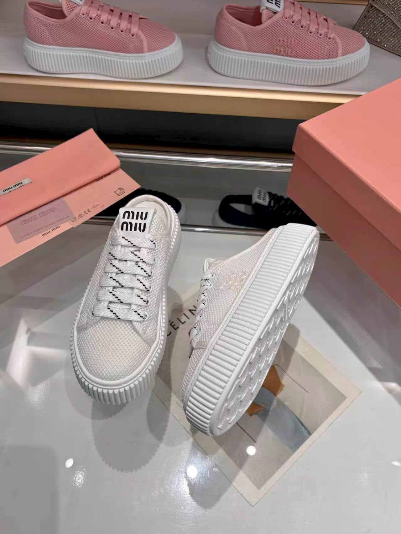 MIUMIU 26S SNEAKER MULES 45MM IN WHITE MESH