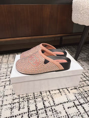 FLAT MULE IN LIGHT PINK SUEDE WITH CRYSTALS