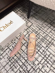 CHLOÉ 26S LACE-UP HEELS 60 MM IN NUDE PINK CALFSKIN