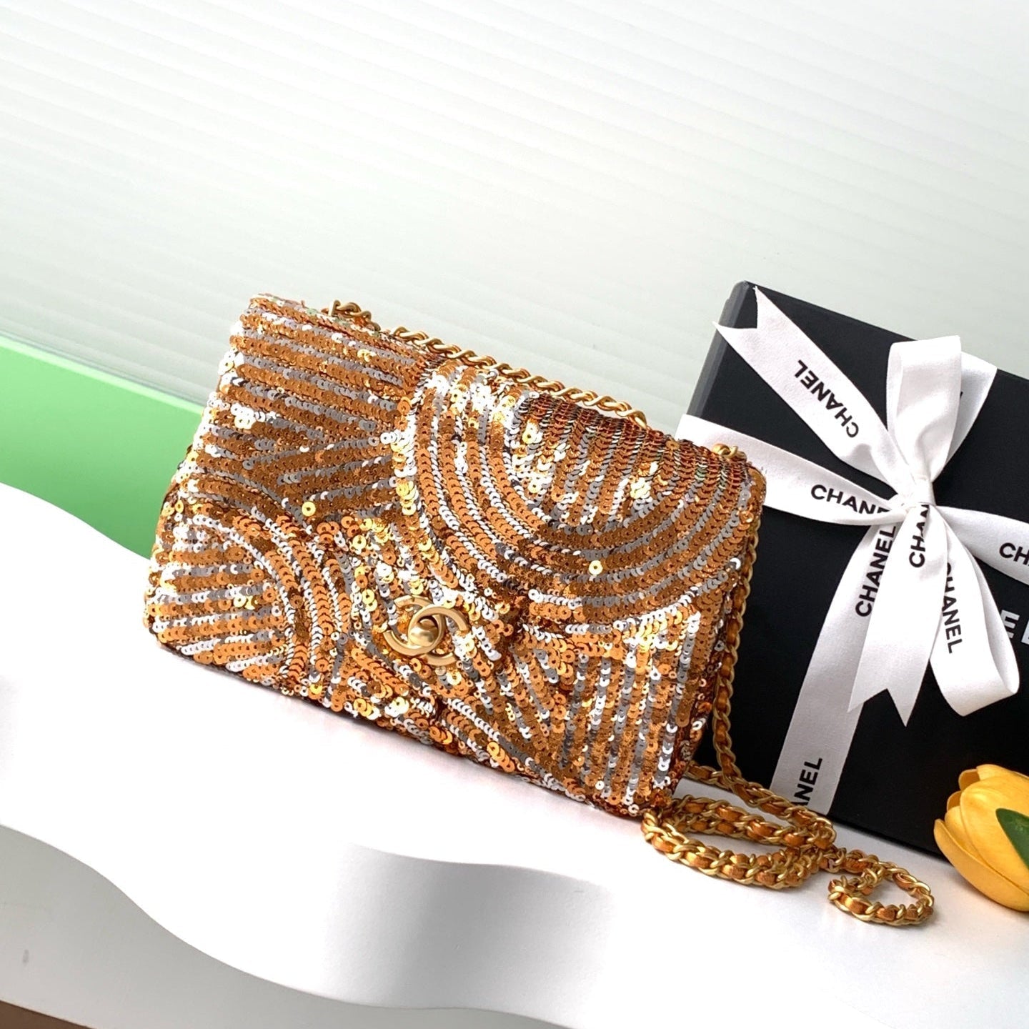 CHANEL 26S CLASSIC FLAP BAG 21 IN GOLD MIX SILVER SEQUINS