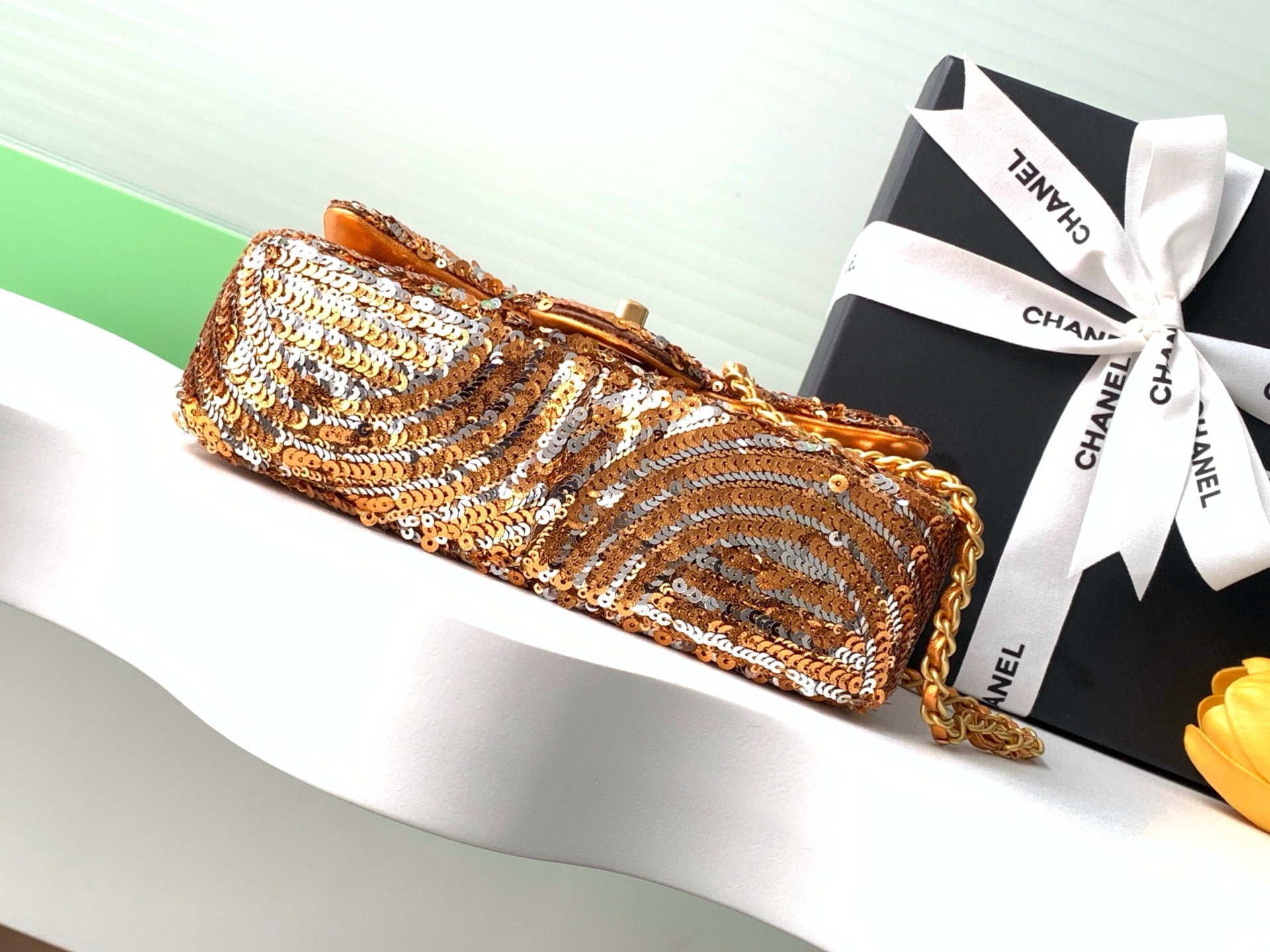 CHANEL 26S CLASSIC FLAP BAG 21 IN GOLD MIX SILVER SEQUINS