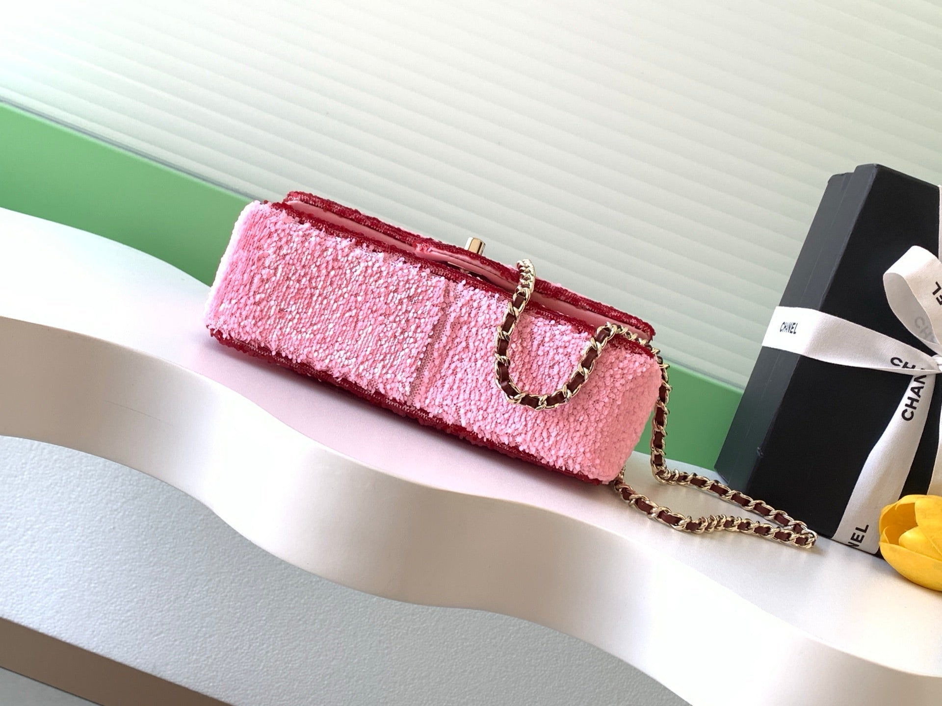 CHANEL 26S CLASSIC FLAP BAG 21 IN PINK AND RED SEQUINS