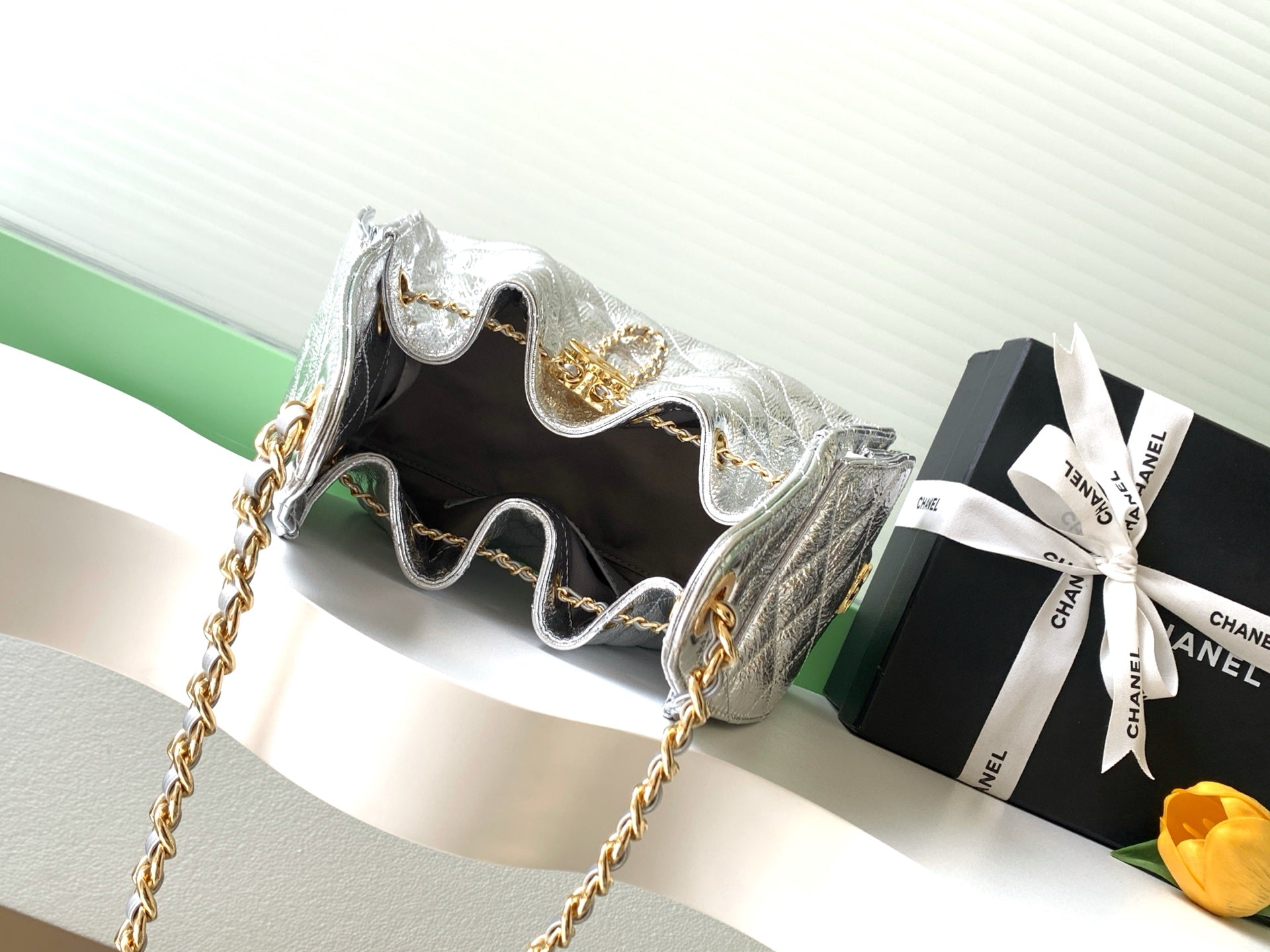 CHANEL 26S HOBO BAG 30 IN SILVER METALLIC CRINKLED CALFSKIN GOLD HARDWARE