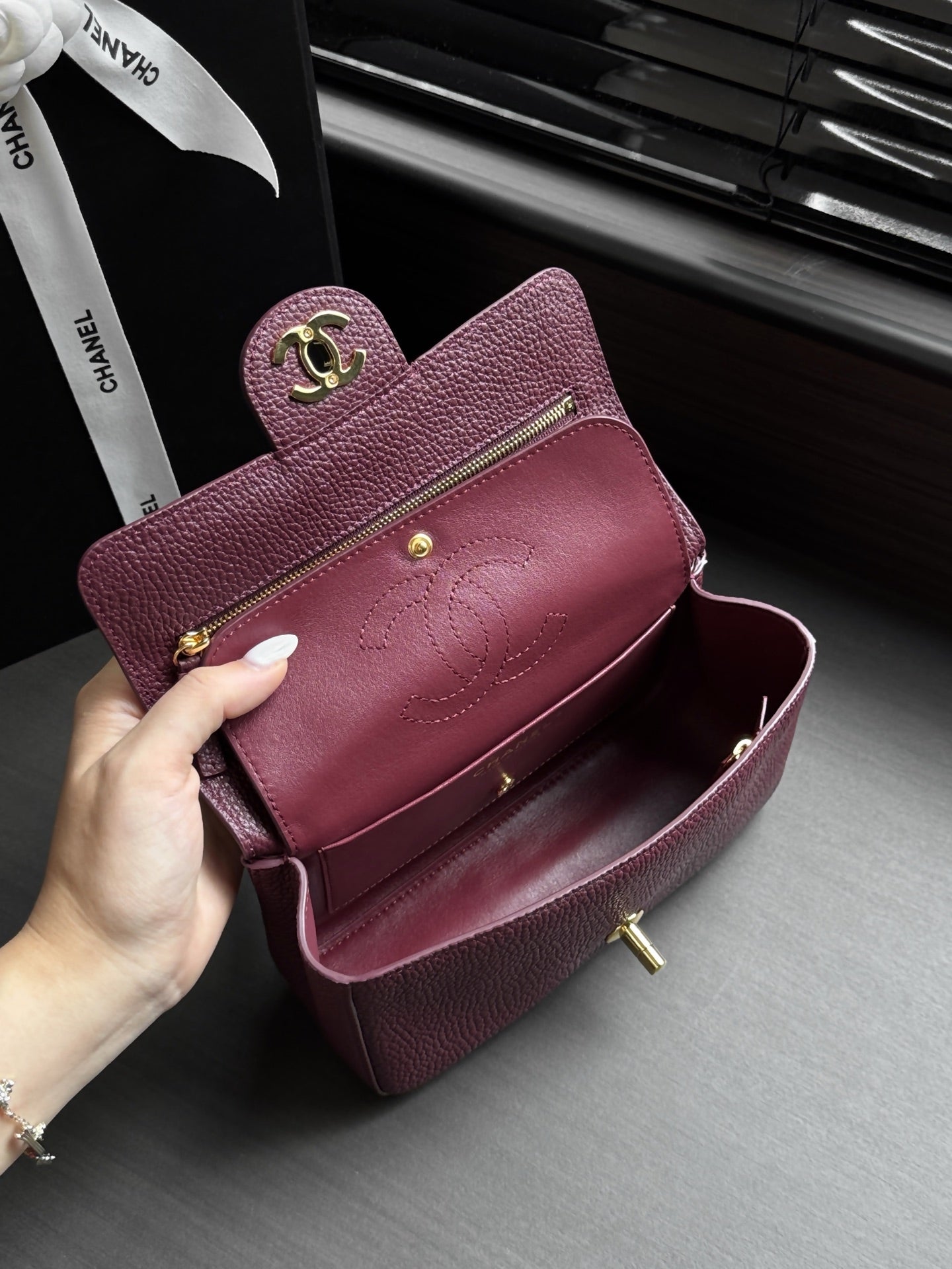 CHANEL 26S CLASSIC MINI FLAP BAG 20 IN DARK RED CAVIAR LEATHER