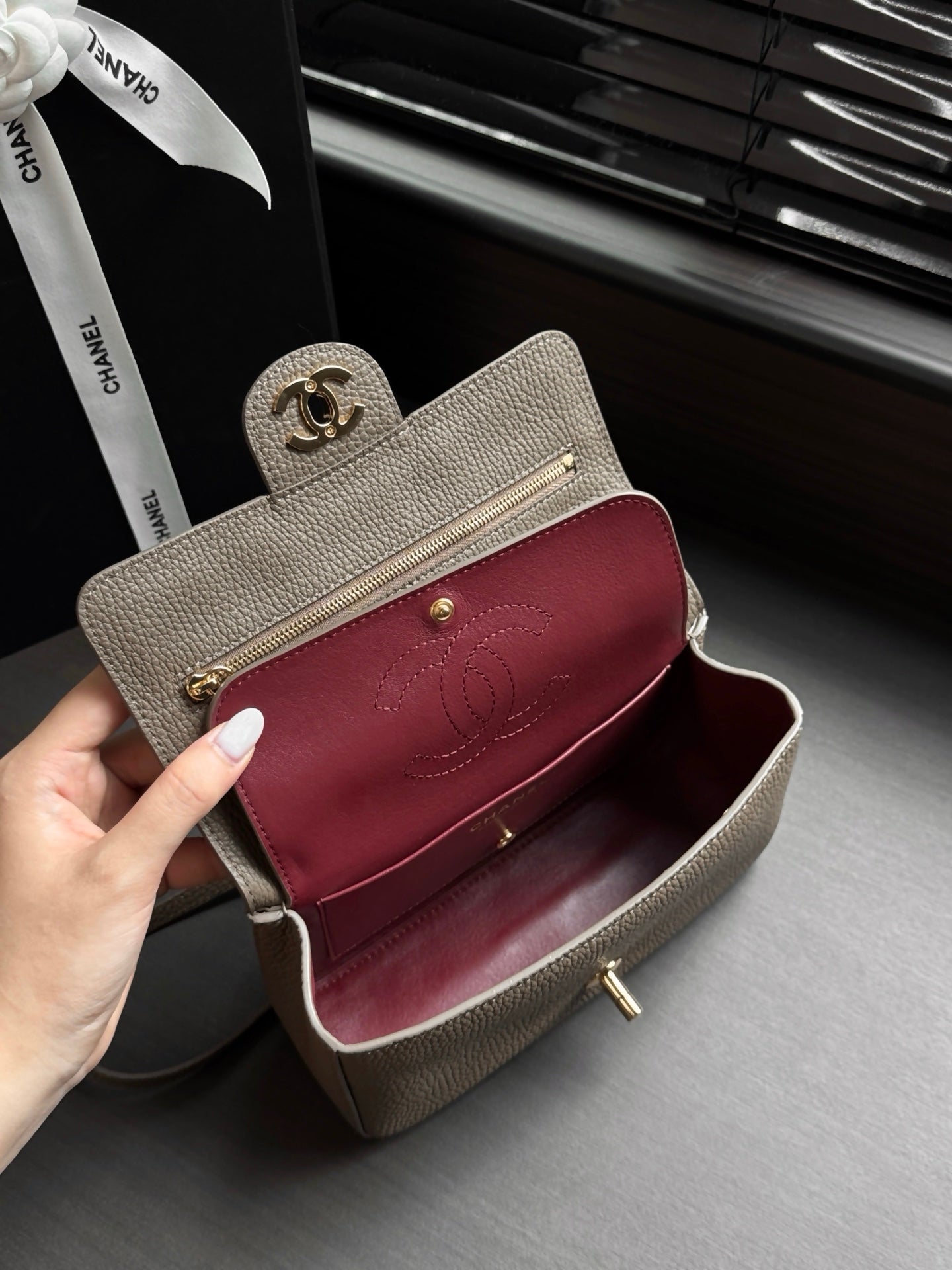 CHANEL 26S CLASSIC MINI FLAP BAG 20 IN TAUPE BROWN CAVIAR LEATHER