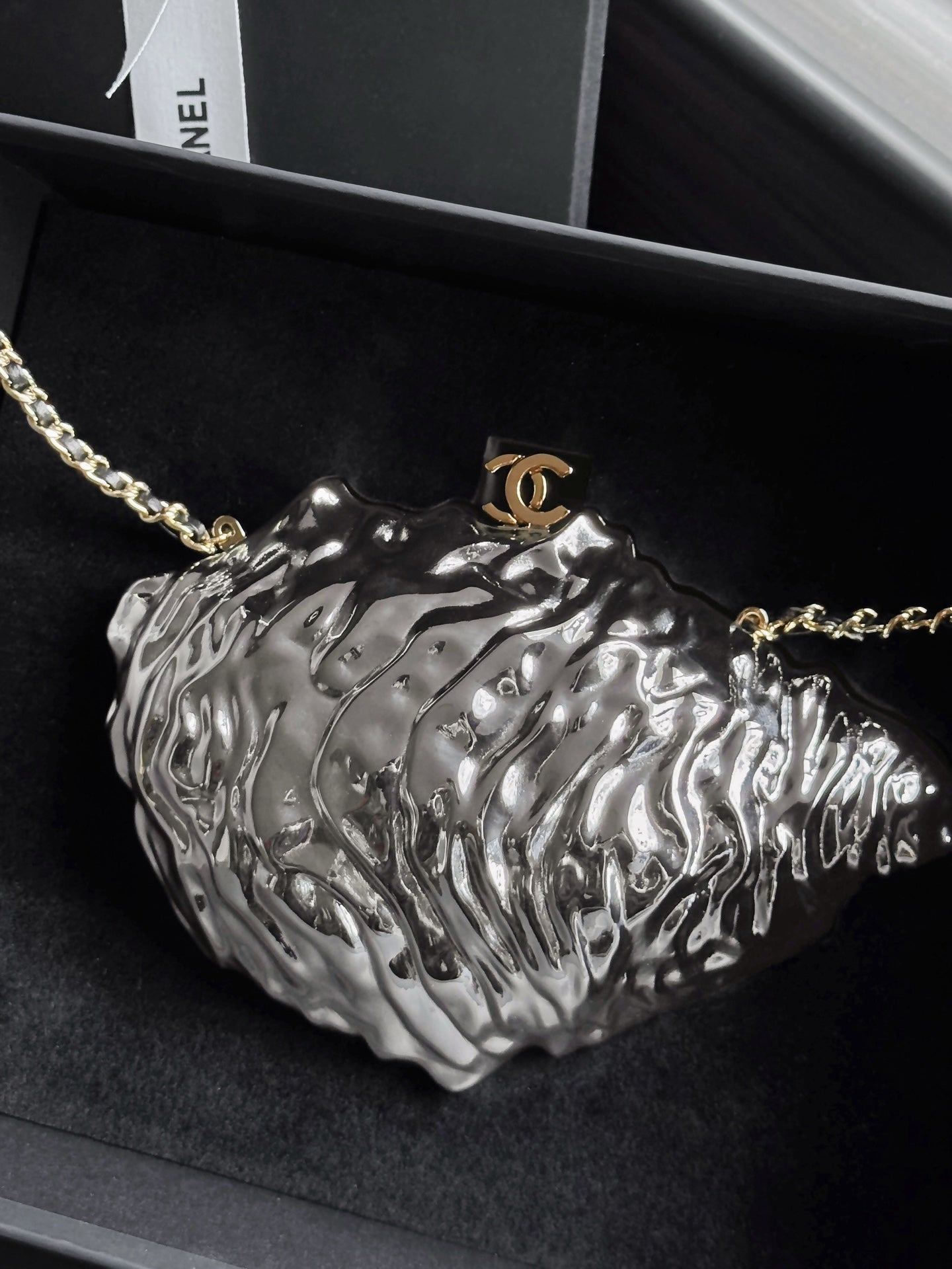 CHANEL 26S OYSTER MINAUDIERE BAG IN METALLIC SILVER PLATED METAL
