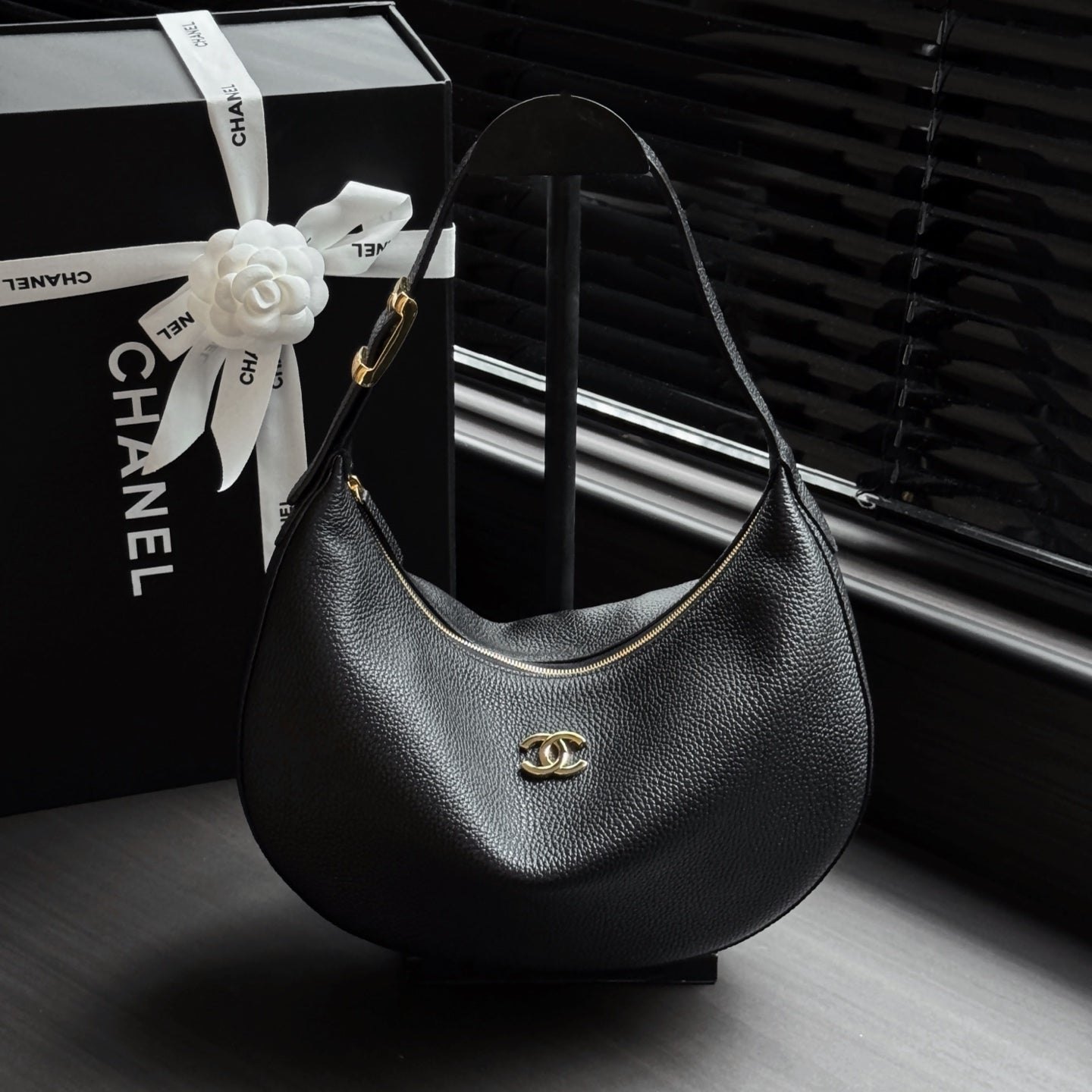 CHANEL 26S HOBO BAG 30 IN BLACK GRAINED CALFSKIN
