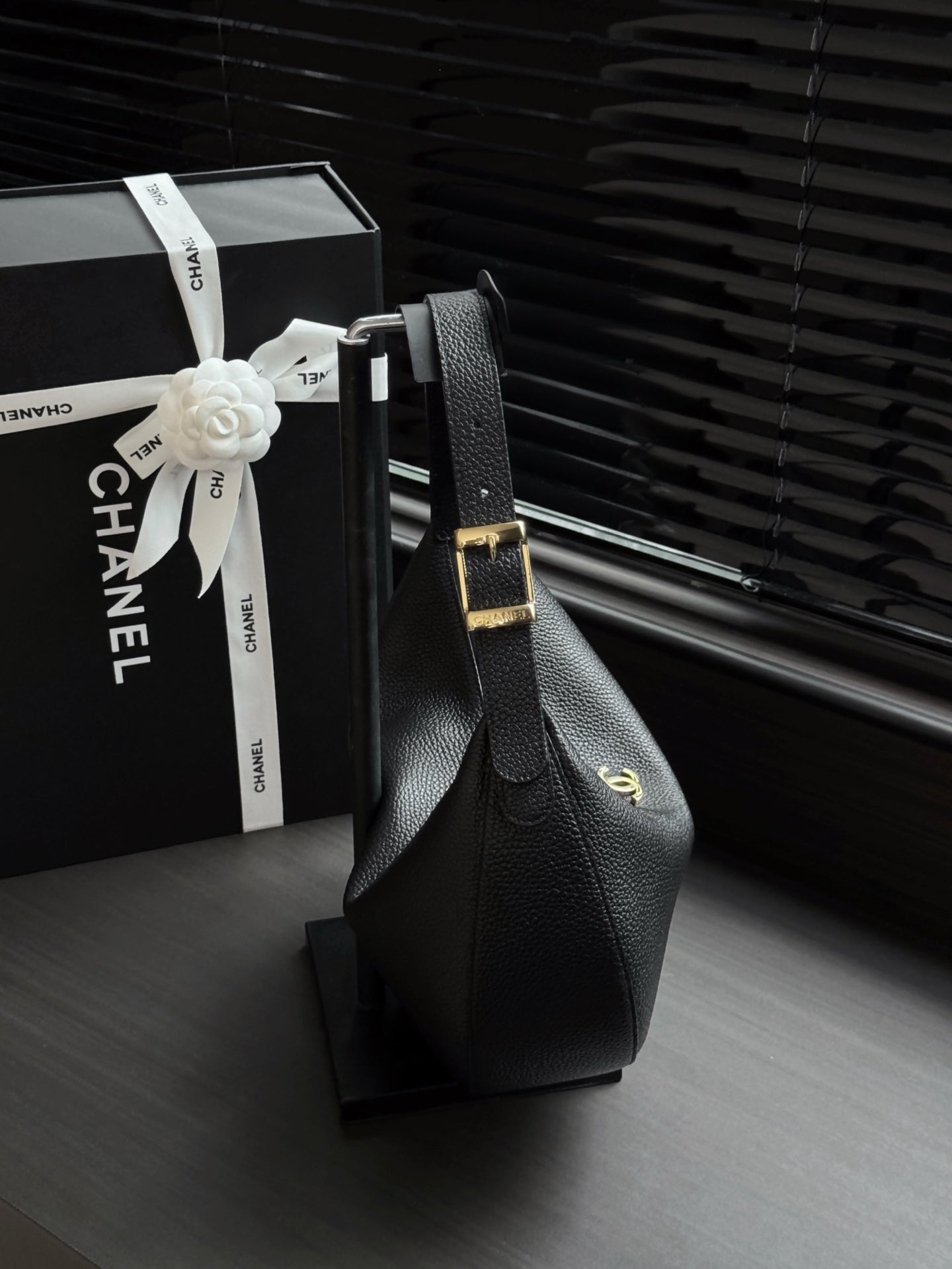 CHANEL 26S HOBO BAG 30 IN BLACK GRAINED CALFSKIN