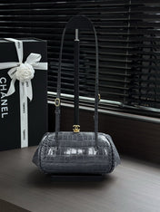CHANEL 26S SHOULDER BAG 28 IN DARK GREY GLOSSY CROCODILE-EMBOSSED CALFSKIN