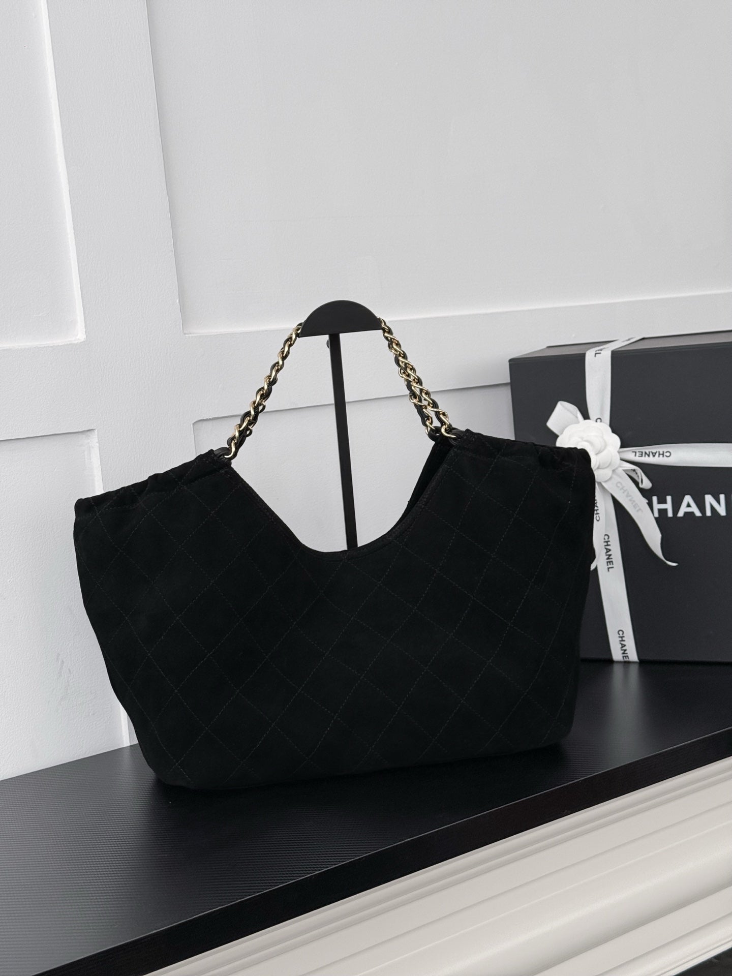 CHANEL 26S SHOPPING TOTE BAG 45 IN BLACK QUILTED SUEDE