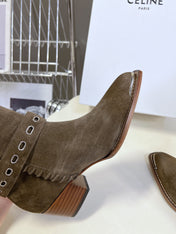 CELINE 25S BULKY LACED UP BOOTS 45MM IN CHARCOAL BROWN SUEDE