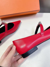 HM 26S KELLY BUCKLE MARY JANE POINTED FLATS IN RED CALFSKIN