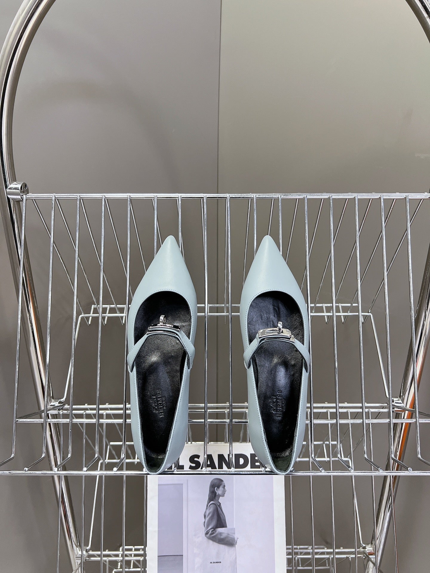 HM 26S KELLY BUCKLE MARY JANE POINTED FLATS IN LIGHT BLUE CALFSKIN