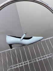 HM 26S MARY JANE POINTED TOE HEELS 40MM IN LIGHT BLUE CALFSKIN KELLY BUCKLE