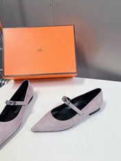 HM 26S KELLY BUCKLE MARY JANE POINTED FLATS IN TAUPE BROWN SUEDE