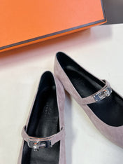 HM 26S KELLY BUCKLE MARY JANE POINTED FLATS IN TAUPE BROWN SUEDE