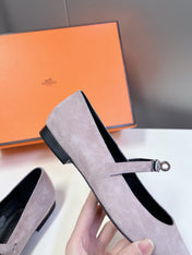 HM 26S KELLY BUCKLE MARY JANE POINTED FLATS IN TAUPE BROWN SUEDE
