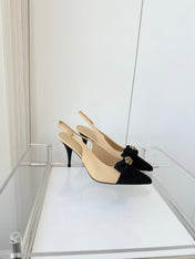 SLINGBACKS 80 MM IN BEIGE CALFSKIN AND BLACK CANVAS