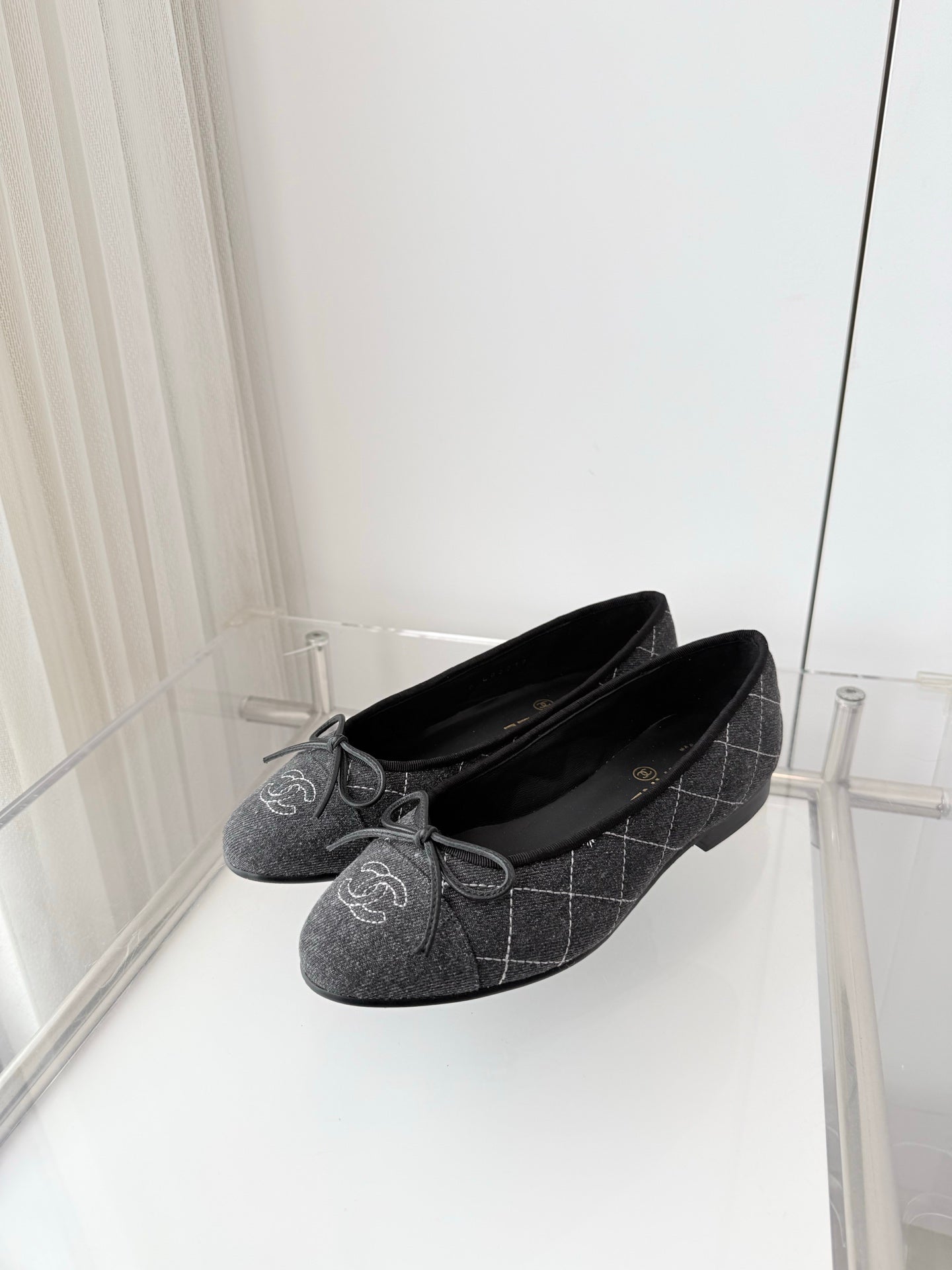 CHANEL 26S BALLET FLATS IN GREY DENIM WITH BOW