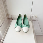 CHANEL 26S BALLET FLATS IN MINT GREEN CALFSKIN WITH WHITE TOE CAP AND BOW