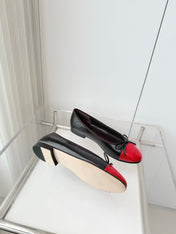 CHANEL 26S BALLET FLATS IN DARK BROWN CALFSKIN WITH RED PATENT TOE CAP & BOW