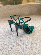 STRAPPY HIGH HEEL SANDALS IN TEAL GREEN SILK