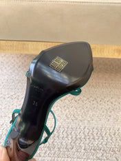 STRAPPY HIGH HEEL SANDALS IN TEAL GREEN SILK