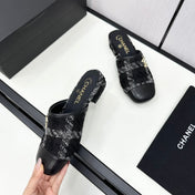 CC FLAT MULE IN BLACK WOOL TWEED AND CALFSKIN GOLD HARDWARE