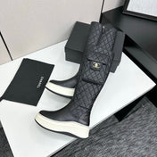 CHANEL 25S WEDGE KNEE-HIGH BOOTS IN BLACK CALFSKIN SILVER HARDWARE