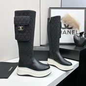 CHANEL 25S WEDGE KNEE-HIGH BOOTS IN BLACK CALFSKIN SILVER HARDWARE