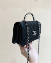 FLAP BAG WITH SILVER-TONE HANDLE 18 IN BLACK LAMBSKIN