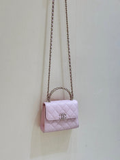 QUILTED MINI FLAP BAG WITH HANDLE 14 IN BABY PINK LAMBSKIN GOLD PLATED METAL
