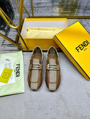 FENDI BAGUETTE LOAFERS IN BEIGE MIX BROWN CANVAS GOLD HARDWARE