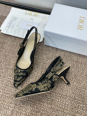 J'ADIOR HIGH SLINGBACK PUMP BLACK AND GOLD-TONE MILLEFIORI JACQUARD 65 MM