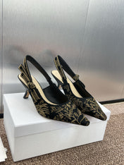 J'ADIOR HIGH SLINGBACK PUMP BLACK AND GOLD-TONE MILLEFIORI JACQUARD 65 MM