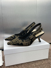 J'ADIOR HIGH SLINGBACK PUMP BLACK AND GOLD-TONE MILLEFIORI JACQUARD 65 MM