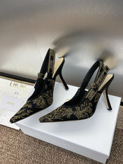 J'ADIOR HIGH SLINGBACK PUMP BLACK AND GOLD-TONE MILLEFIORI JACQUARD 95 MM
