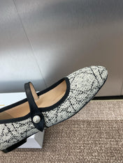 D-RAMOUR BALLET FLATS IN WHITE MIX BLACK EMBROIDERED CANNAGE TWEED