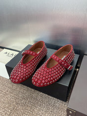 ALAIA MARY JANE FLAT 25S IN DARK RED LAMBSKIN EMBELLISHED WITH CRYSTALS