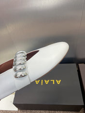 ALAIA MARY JANE FLATS 25S IN WHITE CALFSKIN WITH SILVER HARDWARE